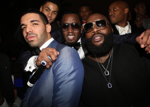 L-R) Drake, Sean 'Diddy' Combs' and Rick Ross attend Sean 'Diddy' Combs' Ciroc The New Years Eve Party at his home on December 31, 2013 in Miami Beach,                            <div class=